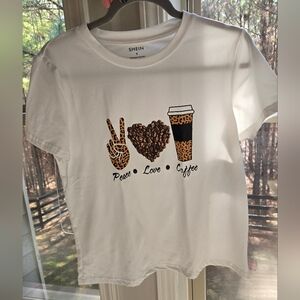 SHEIN White Tee with Leopard Coffee Graphic Size Small
